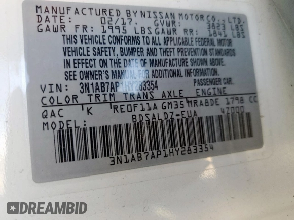 2017 Nissan Sentra SV with VIN 3N1AB7AP1HY283354, listed as a Copart auction lot 49503325 with 52,179 mi miles and Salvage Title. Bid and sale history available at carsss.com. Image 14.