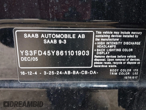 2006 Saab 9-3 z VIN YS3FD45Y861101903, wystawiony jako IAAI lot #42183237 z przebiegiem 128 941 mil mil oraz . Historia ofert i sprzedaży dostępna na DreamBid. Obrazek 9.