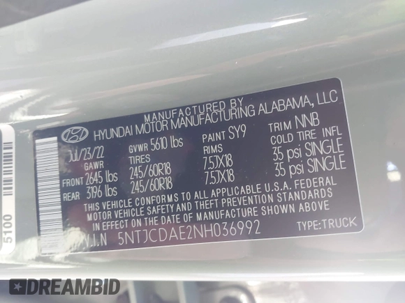 2022 Hyundai Santa Cruz SEL with VIN 5NTJCDAE2NH036992, listed as a IAAI auction lot 41335058 with 43,152 mi miles and . Bid and sale history available at DreamBid. Image 9.