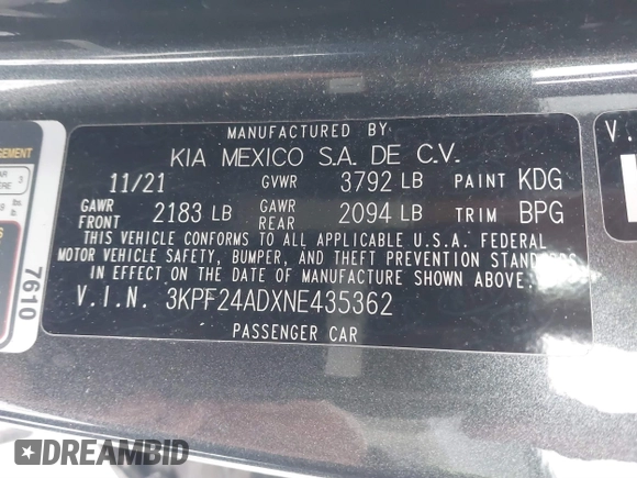 2022 Kia Forte LXS with VIN 3KPF24ADXNE435362, listed as a IAAI auction lot 41624362 with 54,930 mi miles and . Bid and sale history available at DreamBid. Image 9.
