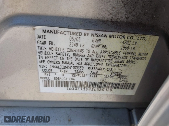 2005 Nissan Altima S z VIN 1N4AL11D45C380359, wystawiony jako IAAI lot #42022290 z przebiegiem 113 156 mil mil oraz . Historia ofert i sprzedaży dostępna na DreamBid. Obrazek 9.