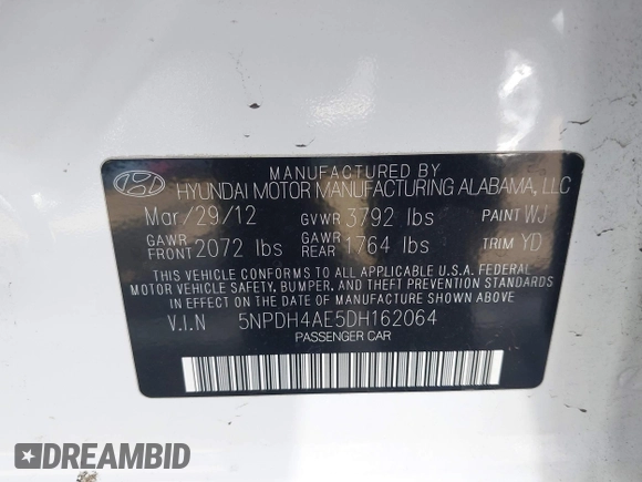 2013 Hyundai Elantra GLS with VIN 5NPDH4AE5DH162064, listed as a IAAI auction lot 42282490 with 148,418 mi miles and . Bid and sale history available at DreamBid. Image 9.