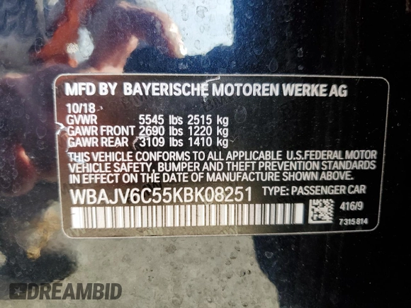 2019 BMW 6 Series 640i xDrive with VIN WBAJV6C55KBK08251, listed as a Copart auction lot 45992474 with 40,381 mi miles. Bid and sale history available at carsss.com. Image 12.