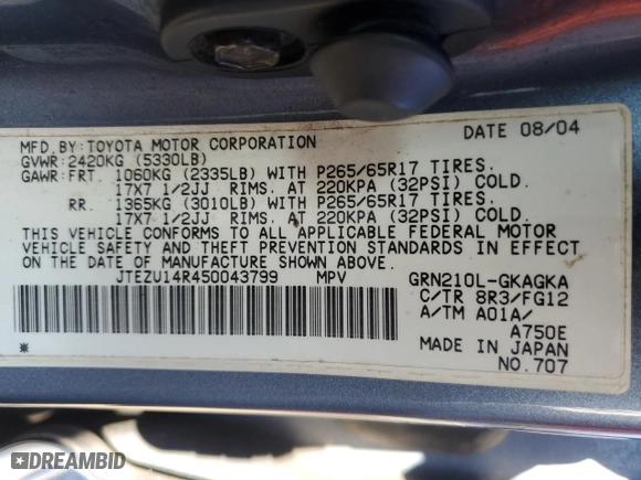2005 Toyota 4Runner SR5 with VIN JTEZU14R450043799, listed as a Copart auction lot 84750924 with 163,732 mi miles and Salvage Title. Bid and sale history available at carsss.com. Image 13.