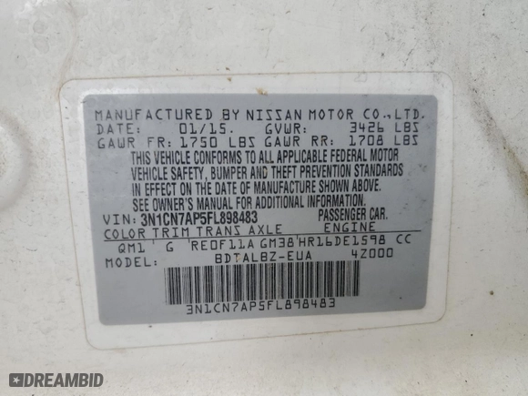 2015 Nissan Versa SV with VIN 3N1CN7AP5FL898483, listed as a Copart auction lot 53100565 with 173,488 mi miles and Salvage Title. Bid and sale history available at carsss.com. Image 13.