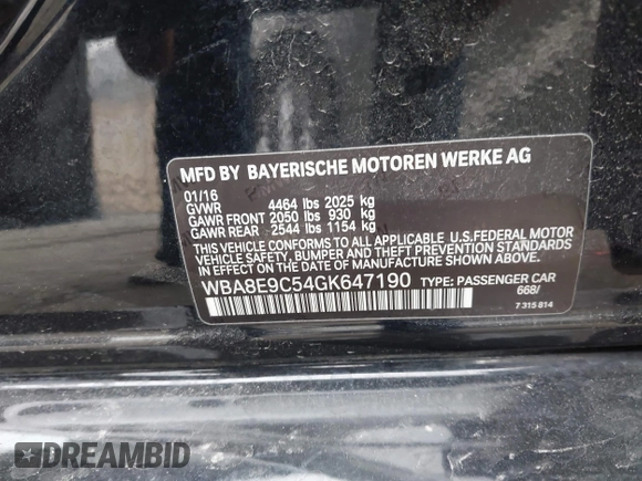 2016 BMW 3 Series 328i with VIN WBA8E9C54GK647190, listed as a IAAI auction lot 42106127 with 138,634 mi miles and . Bid and sale history available at DreamBid. Image 9.