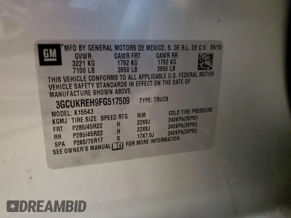 2015 Chevrolet Silverado 1500 LT with VIN 3GCUKREH9FG517509, listed as a Copart auction lot 76380784 with 92,724 mi miles and Salvage Title. Bid and sale history available at DreamBid. Image 12.