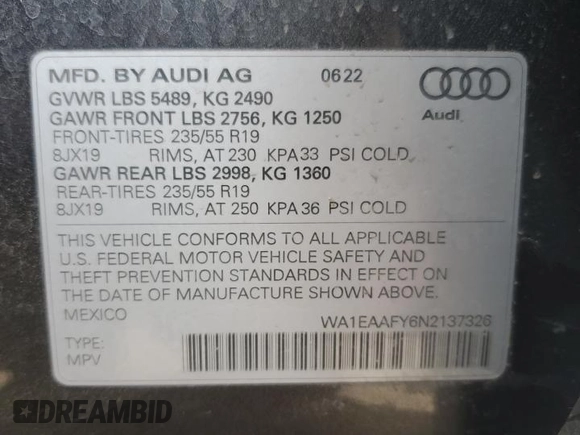 2022 Audi Q5 S line Premium Plus with VIN WA1EAAFY6N2137326, listed as a Copart auction lot 47820605 with 24,865 mi miles and Salvage Title. Bid and sale history available at carsss.com. Image 14.