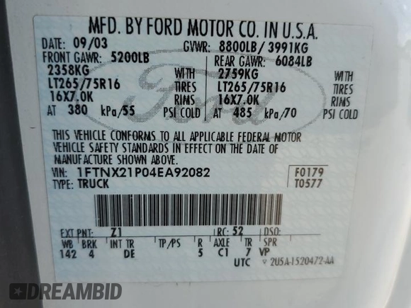2004 Ford F-250 XL with VIN 1FTNX21P04EA92082, listed as a Copart auction lot 55311935 with 217,363 mi miles and Salvage title. Bid and sale history available at DreamBid. Image 12.