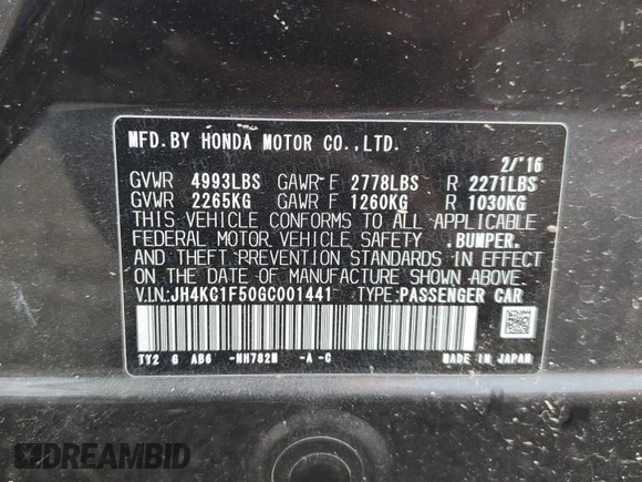 2016 Acura RLX Technology with VIN JH4KC1F50GC001441, listed as a Copart auction lot 62660765 with Not provided miles and Salvage title. Bid and sale history available at DreamBid. Image 12.