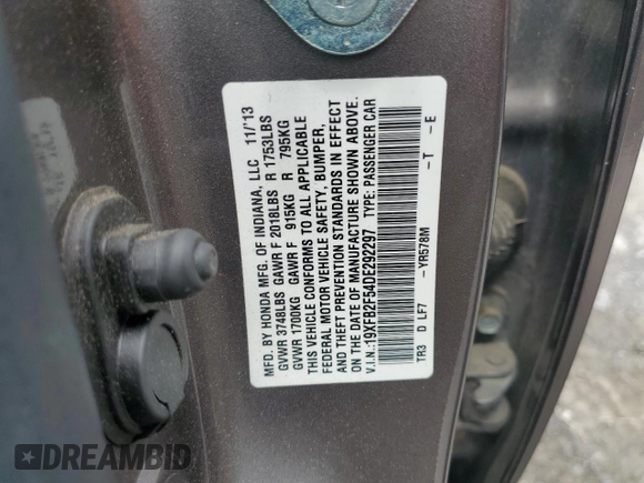 2013 Honda Civic LX z VIN 19XFB2F54DE292297, wystawiony jako Copart lot #58866645 z przebiegiem 118 321 mil mil oraz Szkoda całkowita • Salvage title. Historia ofert i sprzedaży dostępna na DreamBid. Obrazek 12.