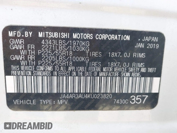 2019 Mitsubishi Outlander ES z VIN JA4AR3AU4KU023820, wystawiony jako IAAI lot #41771486 z przebiegiem 83 959 mil mil oraz . Historia ofert i sprzedaży dostępna na DreamBid. Obrazek 9.