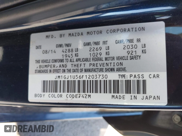2015 Mazda 6 i Sport with VIN JM1GJ1U56F1203730, listed as a IAAI auction lot 41848281 with 93,150 mi miles. Bid and sale history available at carsss.com. Image 9.