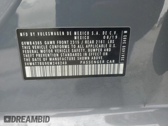 2019 Volkswagen Jetta GLI S with VIN 3VW6T7BU9KM248240, listed as a Copart auction lot 51711785 with 45,173 mi miles and Salvage Title. Bid and sale history available at DreamBid. Image 12.