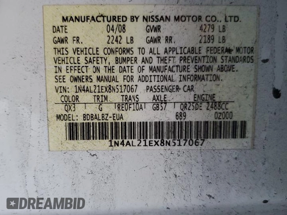 2008 Nissan Altima 2.5 SL with VIN 1N4AL21EX8N517067, listed as a Copart auction lot 51863725 with 0 mi miles and Salvage Title. Bid and sale history available at carsss.com. Image 15.