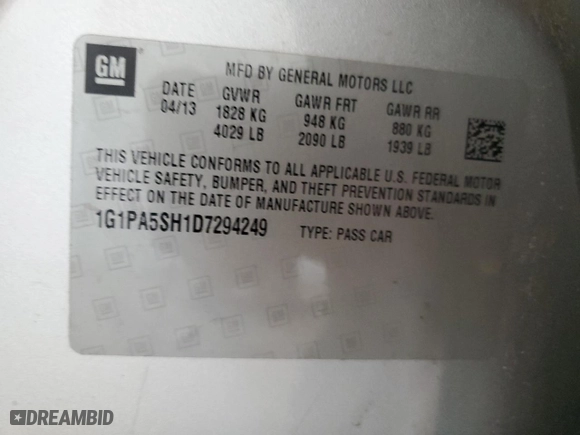 2013 Chevrolet Cruze LS with VIN 1G1PA5SH1D7294249, listed as a Copart auction lot 48720345 with 0 mi miles and Salvage Title. Bid and sale history available at carsss.com. Image 12.