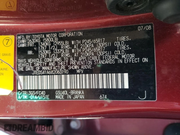 2008 Toyota Highlander z VIN JTEDS41A682063190, wystawiony jako Copart lot #56538975 z przebiegiem 283 133 mil mil oraz Szkoda całkowita • Salvage title. Historia ofert i sprzedaży dostępna na DreamBid. Obrazek 13.