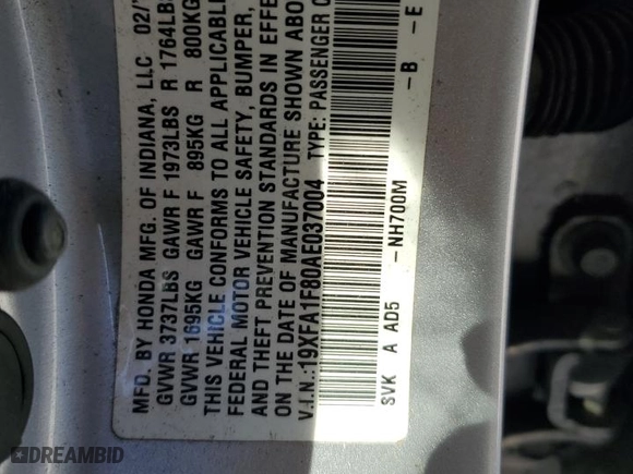 2010 Honda Civic Sdn EX with VIN 19XFA1F80AE037004, listed as a Copart auction lot 50020415 with 177,757 mi miles and Salvage Title. Bid and sale history available at carsss.com. Image 12.