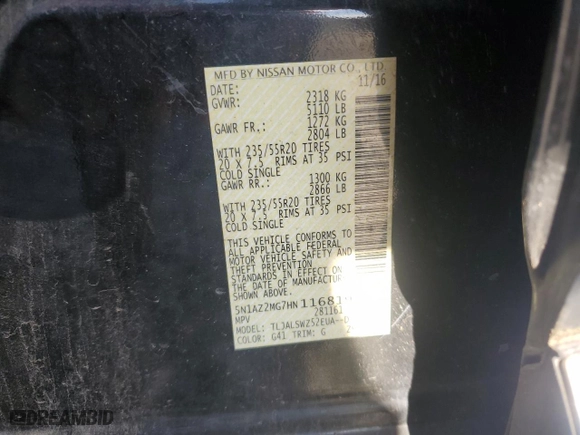 2017 Nissan Murano SL with VIN 5N1AZ2MG7HN116819, listed as a Copart auction lot 86062504 with 135,006 mi miles and Salvage Title. Bid and sale history available at carsss.com. Image 13.