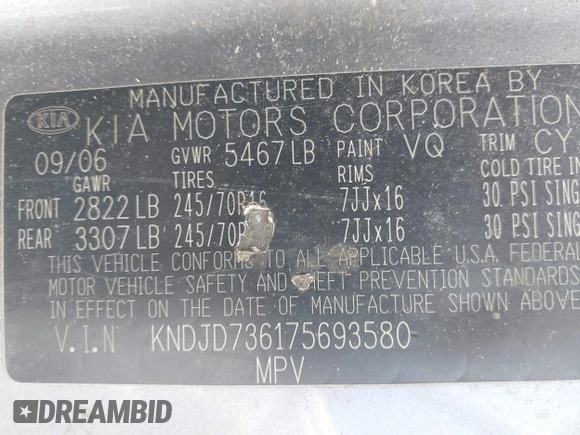 2007 Kia Sorento EX with VIN KNDJD736175693580, listed as a IAAI auction lot 42101625 with 230,030 mi miles and . Bid and sale history available at DreamBid. Image 9.