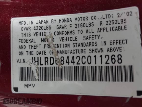 2002 Honda CR-V LX with VIN JHLRD68442C011268, listed as a IAAI auction lot 41962057 with 149,209 mi miles and . Bid and sale history available at carsss.com. Image 9.