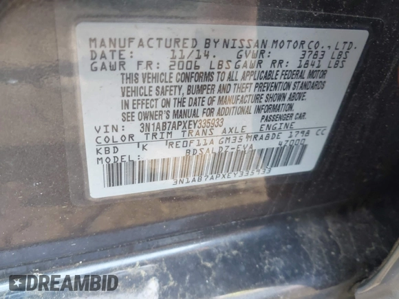 2014 Nissan Sentra S with VIN 3N1AB7APXEY335933, listed as a IAAI auction lot 42218659 with 93,700 mi miles and . Bid and sale history available at DreamBid. Image 9.