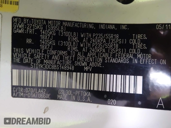 2011 Toyota Sienna XLE AAS with VIN 5TDYK3DC8BS148948, listed as a IAAI auction lot 41806293 with 144,645 mi miles and . Bid and sale history available at DreamBid. Image 9.