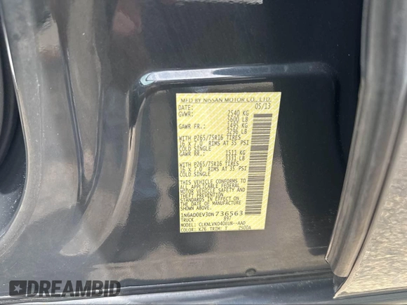 2013 Nissan Frontier SV with VIN 1N6AD0EV3DN736563, listed as a IAAI auction lot 42278129 with 174,314 mi miles and . Bid and sale history available at DreamBid. Image 9.