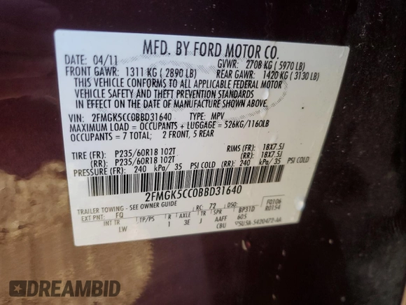 2011 Ford Flex SEL with VIN 2FMGK5CC0BBD31640, listed as a Copart auction lot 88508875 with 216,171 mi miles and Clean Title. Bid and sale history available at carsss.com. Image 13.