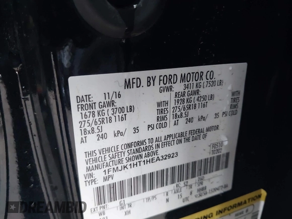 2017 Ford Expedition Max XLT with VIN 1FMJK1HT1HEA32923, listed as a IAAI auction lot 41157341 with 55,985 mi miles and . Bid and sale history available at DreamBid. Image 9.