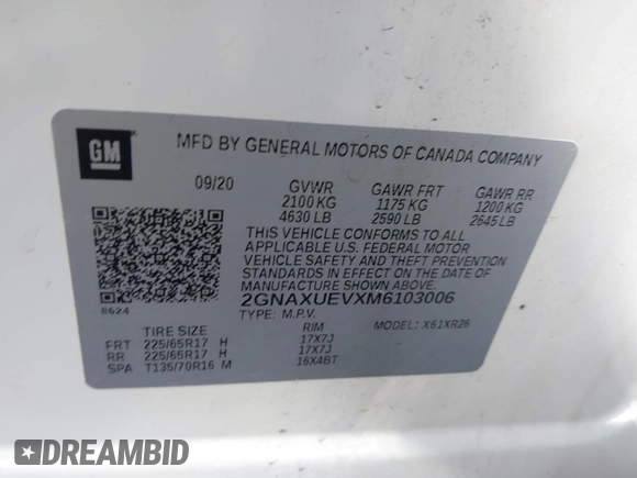 2021 Chevrolet Equinox LT z VIN 2GNAXUEVXM6103006, wystawiony jako IAAI lot #41931128 z przebiegiem 95 390 mil mil oraz . Historia ofert i sprzedaży dostępna na DreamBid. Obrazek 9.