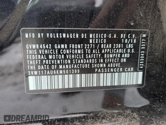 2019 Volkswagen Golf SportWagen S with VIN 3VW117AU6KM501399, listed as a Copart auction lot 40980504 with 65,967 mi miles. Bid and sale history available at carsss.com. Image 12.
