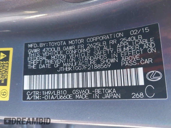 2015 Lexus ES with VIN JTHBK1GG7F2188569, listed as a IAAI auction lot 40828257 with 100,000 mi miles. Bid and sale history available at carsss.com. Image 9.