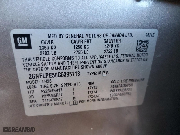 2012 Chevrolet Equinox LT w/2LT with VIN 2GNFLPE50C6395718, listed as a Copart auction lot 89207915 with 196,695 mi miles and Salvage Title. Bid and sale history available at carsss.com. Image 15.