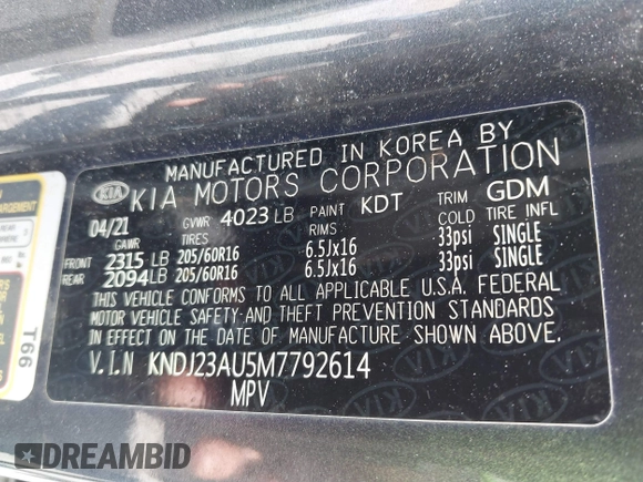 2021 Kia Soul S with VIN KNDJ23AU5M7792614, listed as a IAAI auction lot 41894118 with 27,117 mi miles and . Bid and sale history available at DreamBid. Image 9.