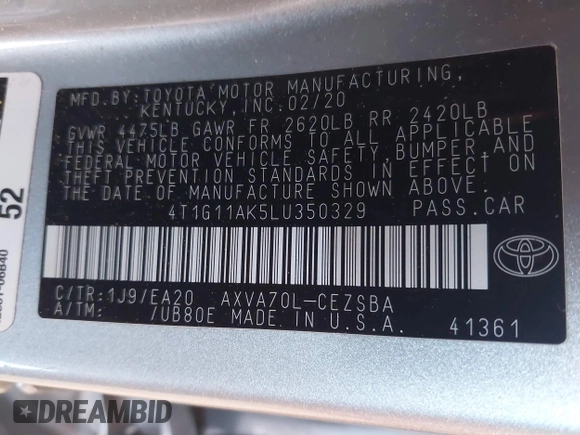 2020 Toyota Camry SE z VIN 4T1G11AK5LU350329, wystawiony jako IAAI lot #41617963 z przebiegiem 75 980 mil mil oraz . Historia ofert i sprzedaży dostępna na DreamBid. Obrazek 9.