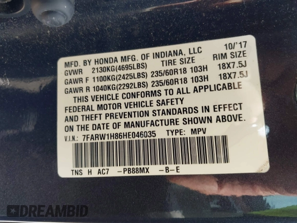 2017 Honda CR-V EX-L with VIN 7FARW1H86HE046035, listed as a IAAI auction lot 41871648 with 186,548 mi miles. Bid and sale history available at carsss.com. Image 9.