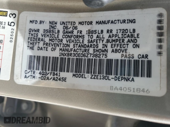 2006 Toyota Corolla CE with VIN 1NXBR30E06Z738275, listed as a Copart auction lot 53406945 with 106,874 mi miles and Salvage Title. Bid and sale history available at DreamBid. Image 12.