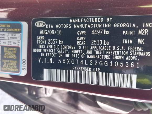 2016 Kia Optima LX with VIN 5XXGT4L32GG105361, listed as a IAAI auction lot 42066431 with 61,026 mi miles. Bid and sale history available at carsss.com. Image 9.