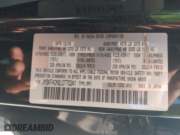 2020 Mazda CX-5 Touring with VIN JM3KFACM2L0770241, listed as a IAAI auction lot 42186952 with 41,590 mi miles and . Bid and sale history available at DreamBid. Image 9.