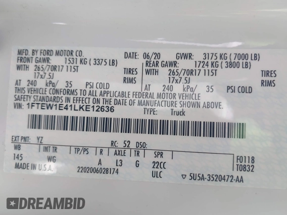 2020 Ford F-150 XL with VIN 1FTEW1E41LKE12636, listed as a IAAI auction lot 41725868 with 137,584 mi miles and . Bid and sale history available at DreamBid. Image 9.