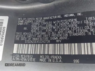 2005 Toyota Sienna CE с VIN 5TDZA23C45S342738, выставлен на аукционе IAAI как лот 42417093 с пробегом 238 032 миль миль и . История ставок и продаж доступна на DreamBid. Изображение 9.