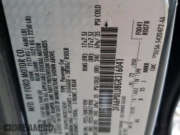 2016 Ford Fusion SE Hybrid with VIN 3FA6P0LU8GR316041, listed as a Copart auction lot 51864795 with 172,431 mi miles and Salvage Title. Bid and sale history available at carsss.com. Image 13.