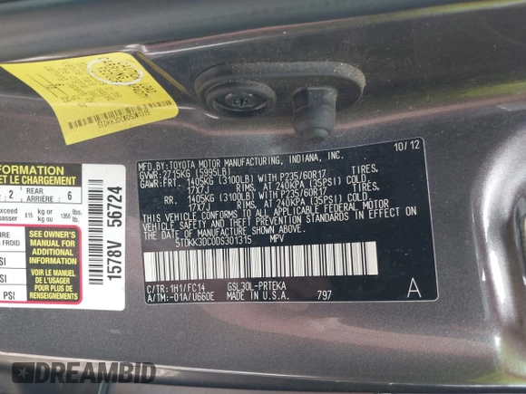 2013 Toyota Sienna LE AAS with VIN 5TDKK3DC0DS301315, listed as a IAAI auction lot 42215454 with 328,507 mi miles and . Bid and sale history available at DreamBid. Image 9.