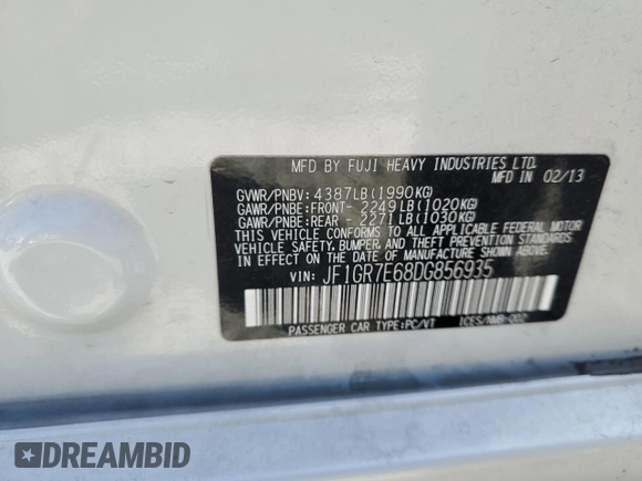 2013 Subaru WRX WRX z VIN JF1GR7E68DG856935, wystawiony jako Copart lot #56436625 z przebiegiem Nie podano mil oraz Czysty tytuł • Clean title. Historia ofert i sprzedaży dostępna na DreamBid. Obrazek 12.