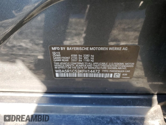 2019 BMW 3 Series 330i with VIN WBA5R1C53KFH14472, listed as a Copart auction lot 42434245 with Not Provided miles and Salvage Title. Bid and sale history available at DreamBid. Image 14.