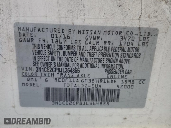 2018 Nissan Note SV with VIN 3N1CE2CP8JL364855, listed as a Copart auction lot 56658605 with 151,087 mi miles and Clean title. Bid and sale history available at DreamBid. Image 12.