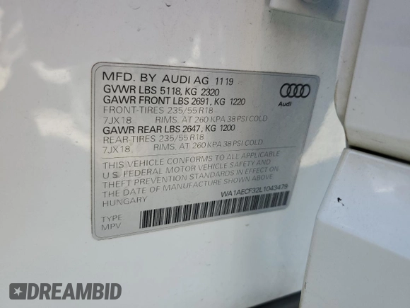 2020 Audi Q3 Premium with VIN WA1AECF32L1043479, listed as a Copart auction lot 57172925 with 52,907 mi miles and Salvage title. Bid and sale history available at DreamBid. Image 13.