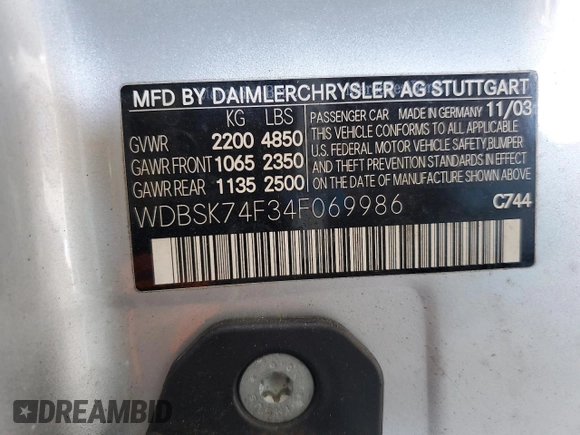 2004 Mercedes-Benz SL 55/63 AMG with VIN WDBSK74F34F069986, listed as a Copart auction lot 62037125 with Not provided miles and Clean title. Bid and sale history available at DreamBid. Image 13.