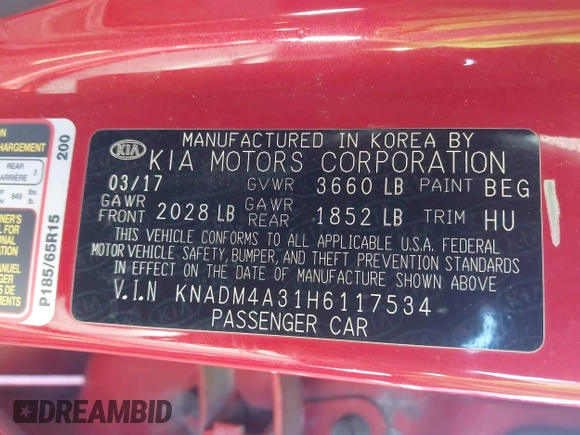 2017 Kia Rio LX with VIN KNADM4A31H6117534, listed as a IAAI auction lot 41623720 with 99,792 mi miles. Bid and sale history available at carsss.com. Image 9.